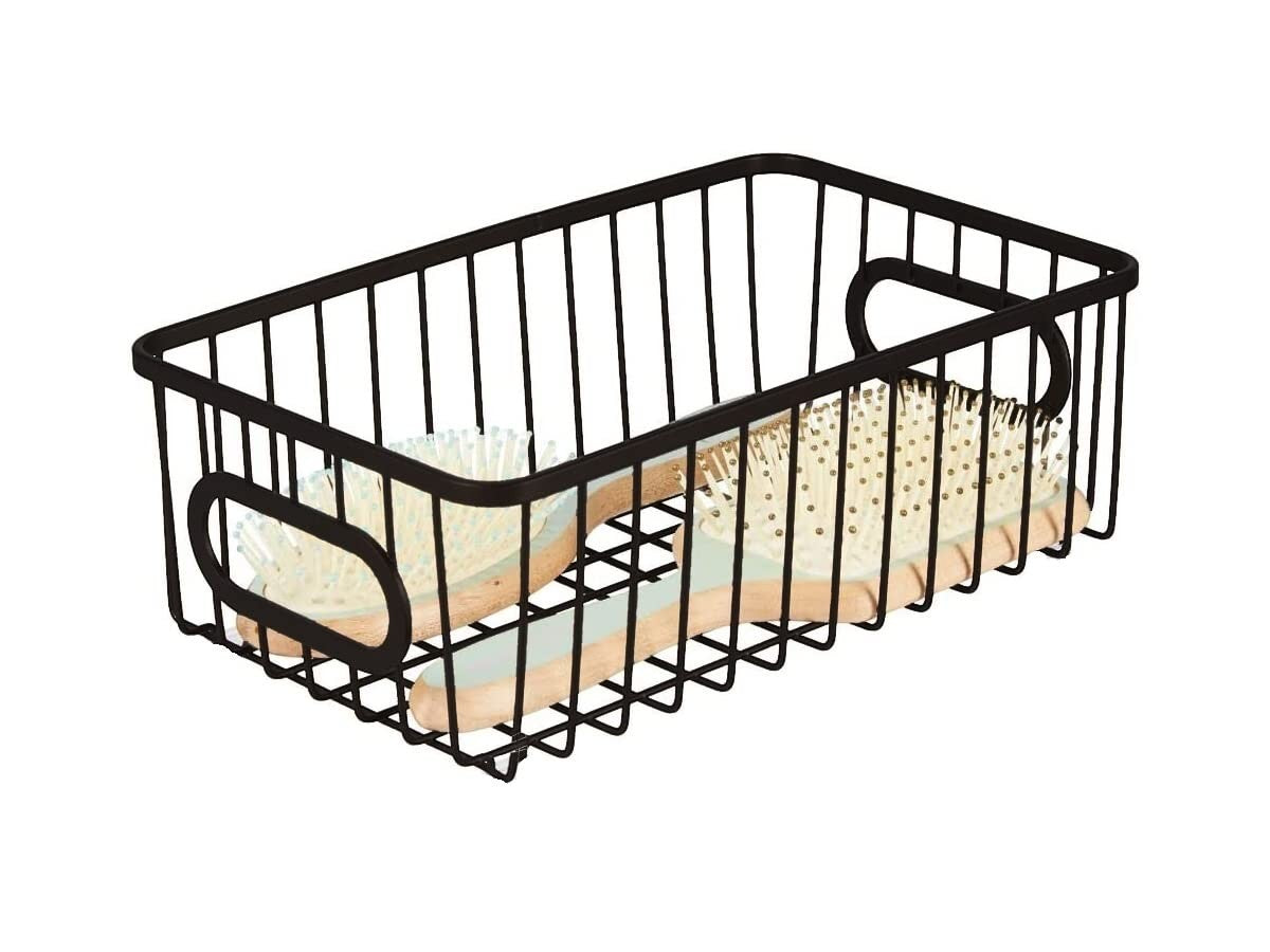 GoHooked black metal wire grid bathroom storage organizer basket bin with handles, 10" length