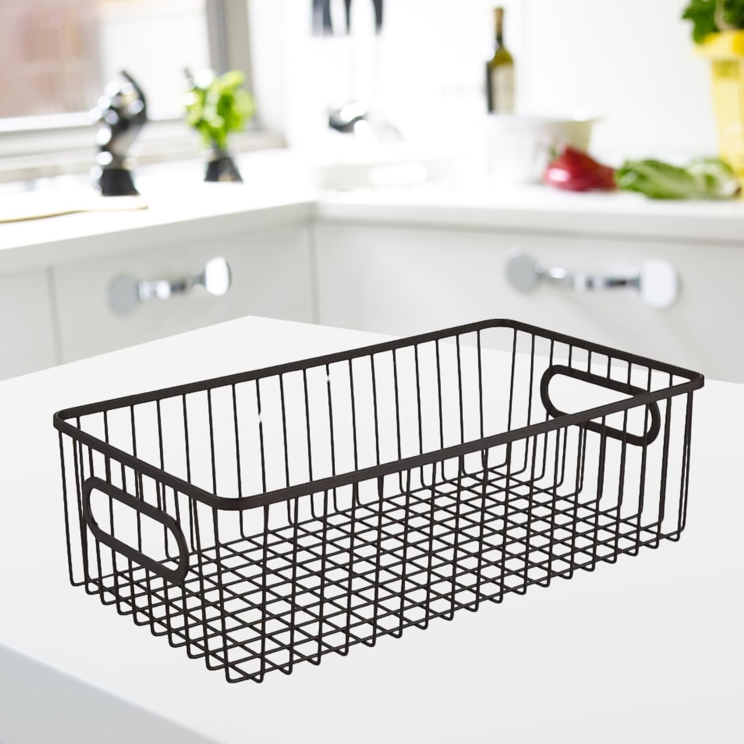 Go Hooked black metal wire grid storage basket bin with handles, 16" long, for kitchen pantry organization.