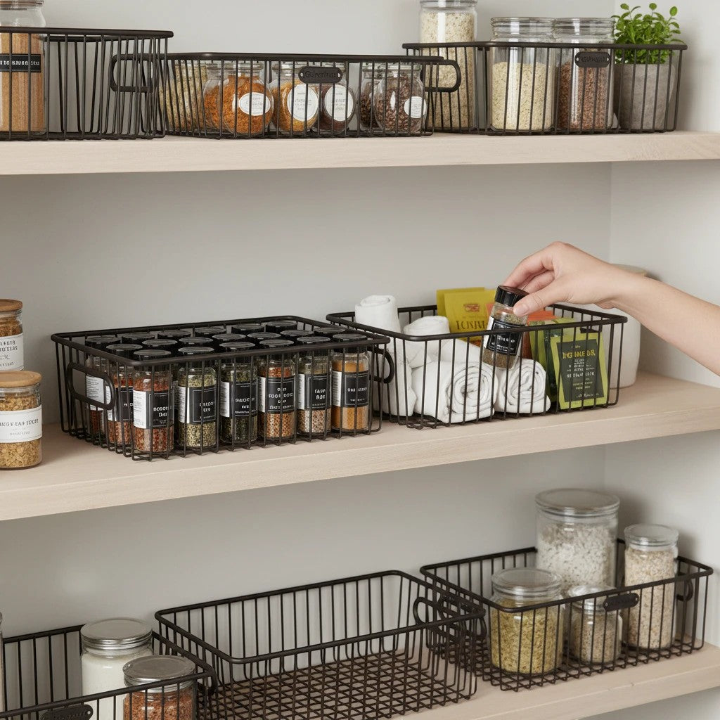 Go Hooked black metal wire grid storage basket bin with handles, ideal for pantry or kitchen organization. Set of 2.