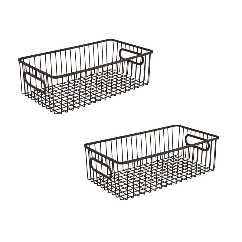 Go Hooked black metal wire grid storage basket bin with handles, pack of 2. Ideal for pantry, kitchen, or countertop organization.
