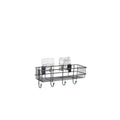 Go Hooked black metal wall mounted storage basket with 4 hooks, no-drill adhesive installation, for bathroom organization.