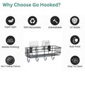 Go Hooked black metal storage basket with 4 hooks, self-adhesive wall mount for bathroom organization.