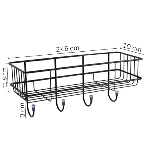 Go Hooked black metal wall mounted storage basket with 4 hooks, no-drill adhesive installation, 27.5cm L x 11.5cm H