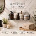 GoHooked black metal wall-mounted storage basket with toiletries and bottles, rust-resistant and no-drilling installation.