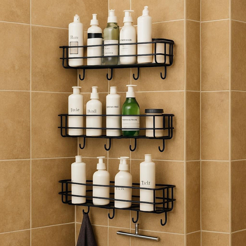 GoHooked set of 3 black metal wall mounted storage baskets with hooks, ideal for bathroom organization.