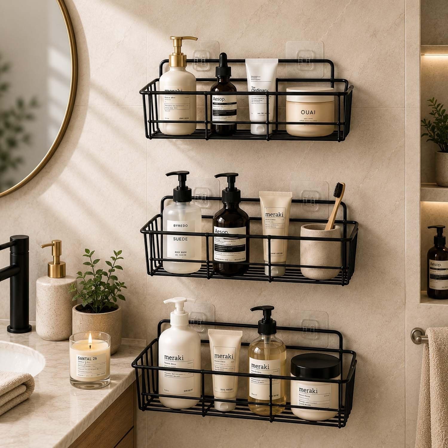 Go Hooked Wall Mounted Metal Storage Basket with Adhesive Hooks 32cm | Rust-Resistant Bathroom & Home Organizer Rack 4pcs| No Drilling Shelf for Spices, Toiletries & Daily Essentials