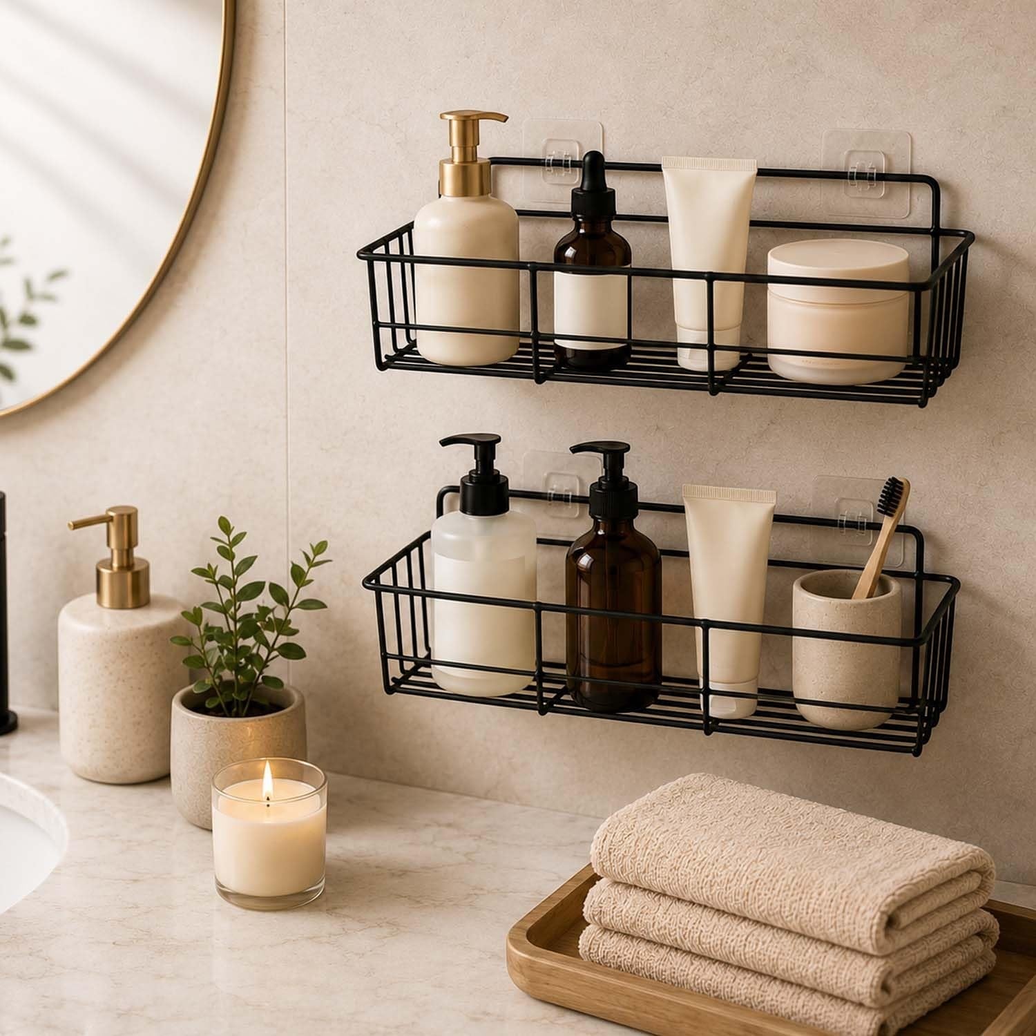 Go Hooked Wall Mounted Metal Storage Basket with Adhesive Hooks 32cm | Rust-Resistant Bathroom & Home Organizer Rack 4pcs| No Drilling Shelf for Spices, Toiletries & Daily Essentials