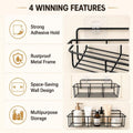 GoHooked black metal wall-mounted storage basket with adhesive hooks, rust-resistant for bathroom or kitchen.