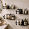 GoHooked black metal wall mounted storage baskets with adhesive hooks, ideal for bathroom or kitchen organization.