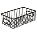 GoHooked black metal wire grid storage basket with handles, 10" length, for bathroom or kitchen organization.