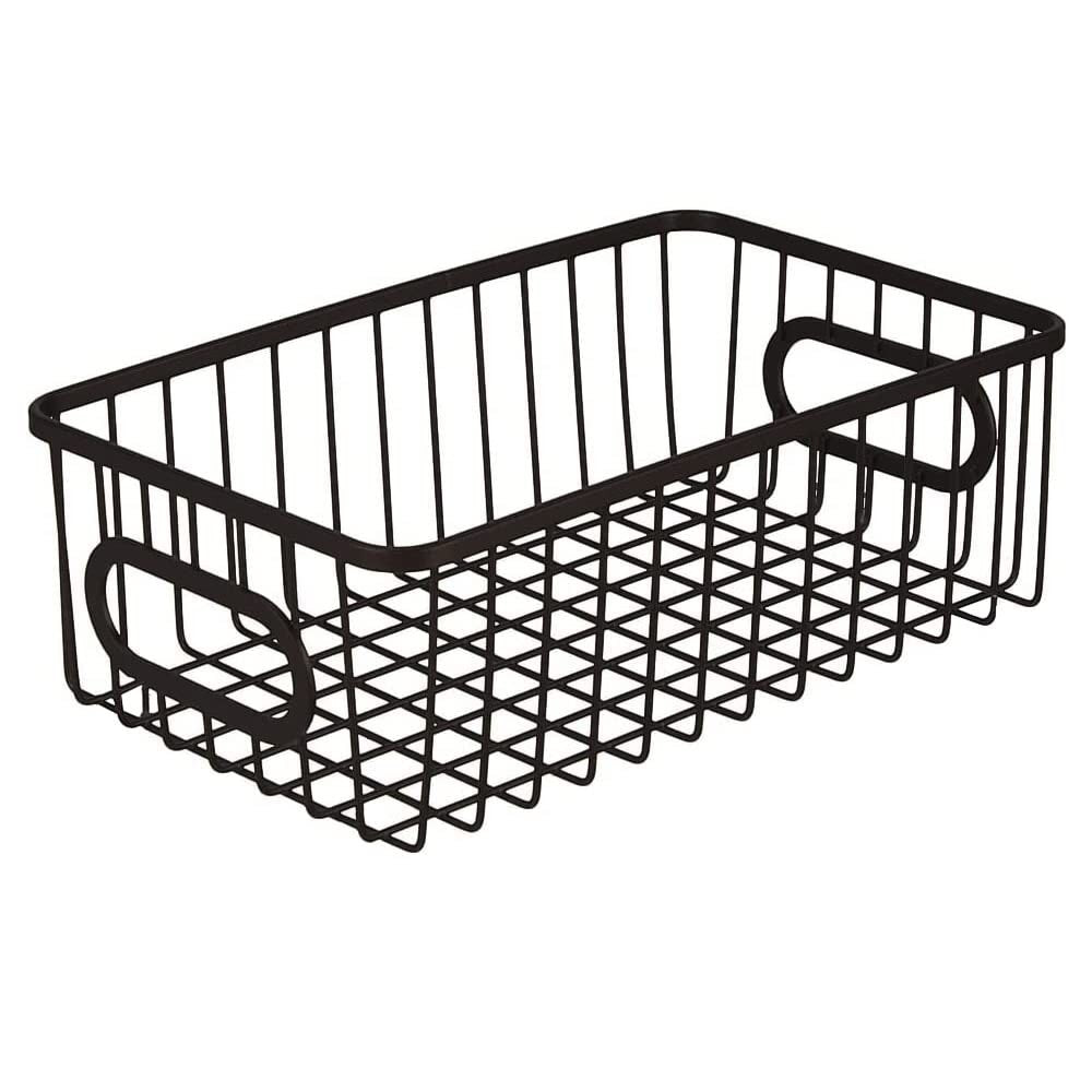 GoHooked black metal wire grid storage basket with handles, 10" length, for bathroom or kitchen organization.
