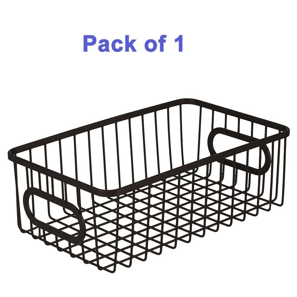 GoHooked black metal wire grid storage basket with handles, 10" length, modern design.