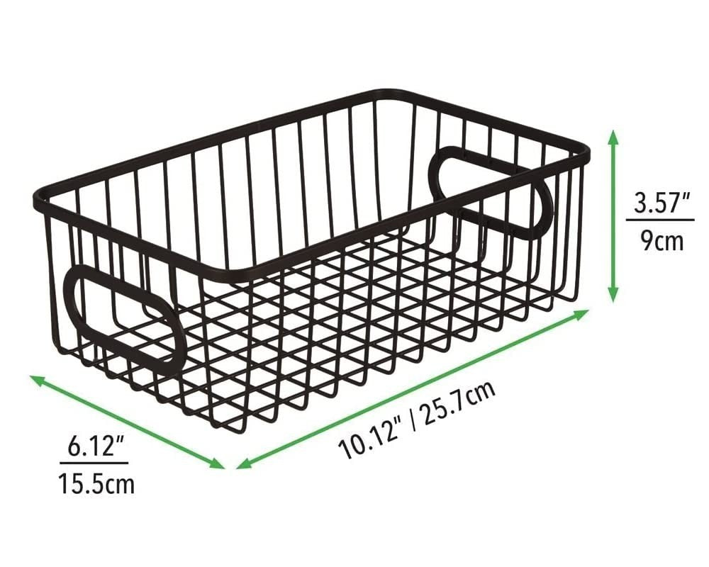 GoHooked black metal wire grid storage basket bin with handles, 10" L x 6" W x 3.5" H, pack of 2