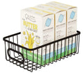 GoHooked black metal wire grid storage basket bin with handles, holding three boxes of microwave popcorn.
