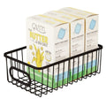 GoHooked black metal wire storage basket with handles, holding three boxes of microwave popcorn.
