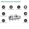 GoHooked black metal wall-mounted storage basket with 4 hooks, no-drill adhesive installation, rust-proof and easy to clean.