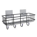 GoHooked black metal wall-mounted storage basket with 4 hooks, no-drill adhesive installation.