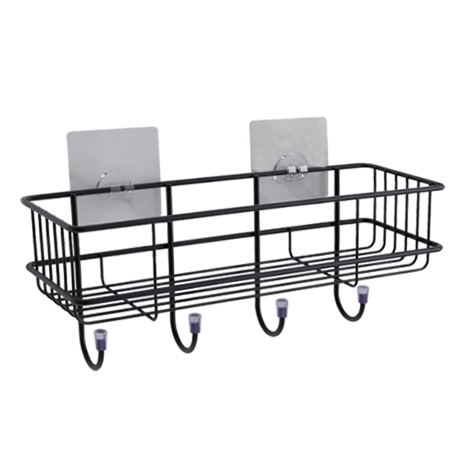 GoHooked black metal wall-mounted storage basket with 4 hooks, no-drill adhesive installation.
