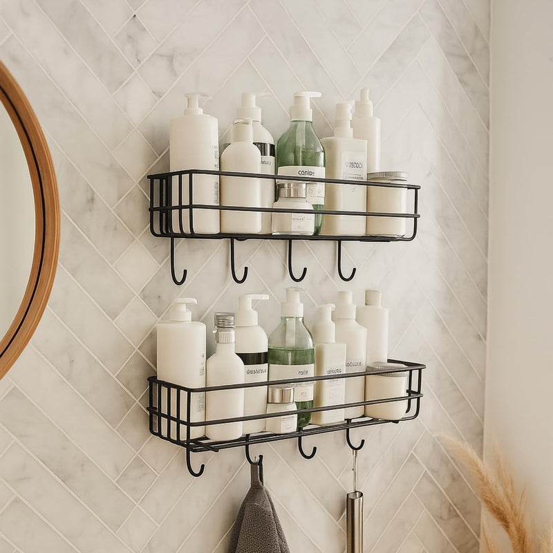 GoHooked black metal wall mounted storage baskets with hooks, set of 2, for bathroom organization.