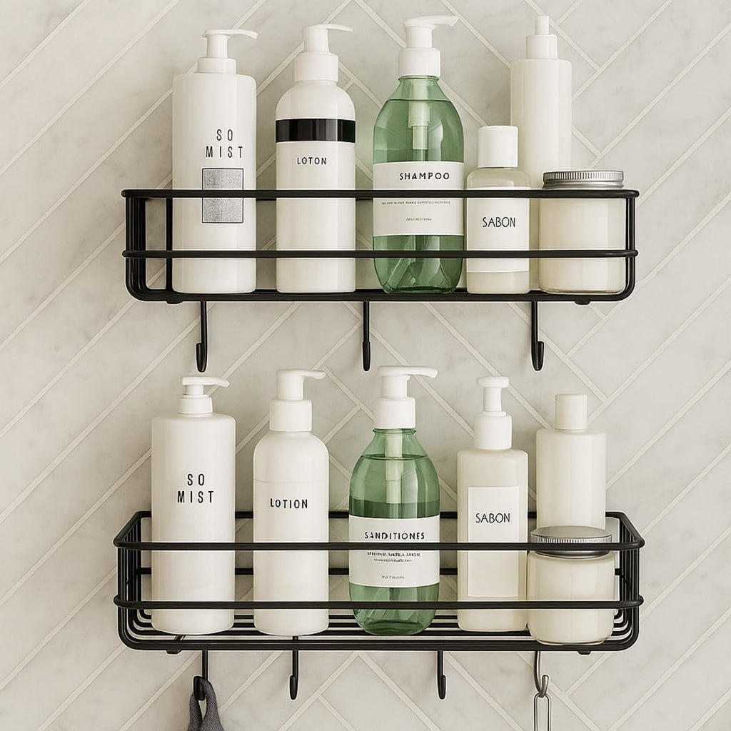 GoHooked Set of 2 black metal wall mounted storage baskets with hooks, holding toiletries and bottles on a tiled wall.