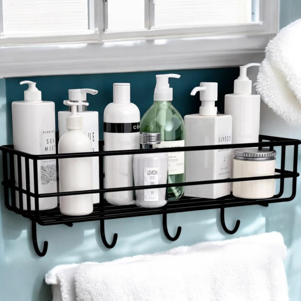 GoHooked black metal wall-mounted storage basket with hooks, ideal for bathroom organization. Holds bottles and jars.