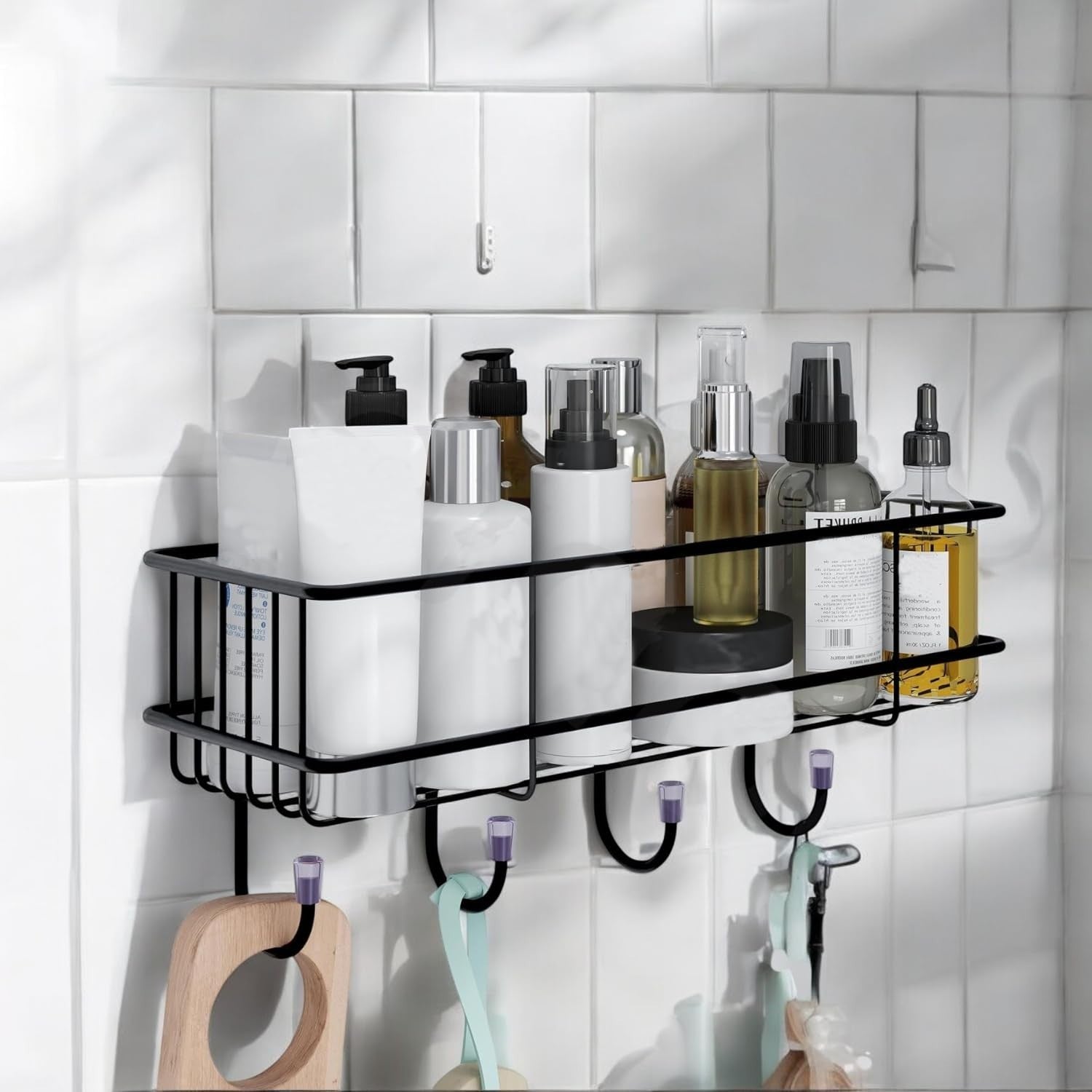 GoHooked black metal bathroom storage basket with hooks, no-drill adhesive shelf for toiletries and accessories.