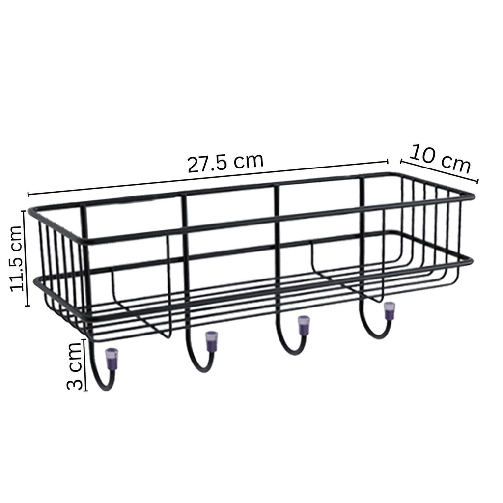 GoHooked black metal wall basket with 4 hooks, 27.5cm long, for bathroom or home organization. No-drill adhesive.