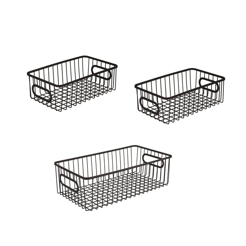 GoHooked black metal wire grid storage baskets with handles, set of 3. Two 10-inch and one 16-inch.