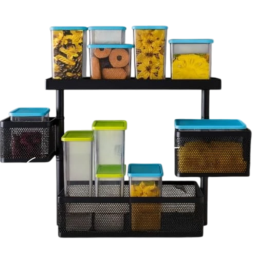 GoHooked black metal 3-tier rotating storage rack with clear plastic containers and mesh baskets holding food and accessories.