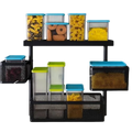 GoHooked black metal 3-tier rotating storage rack with clear plastic containers and mesh baskets holding food and accessories.