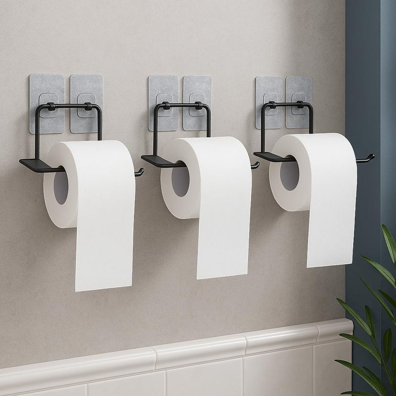 GoHooked black metal self-adhesive toilet paper holder, pack of 3, installed on a tiled wall.