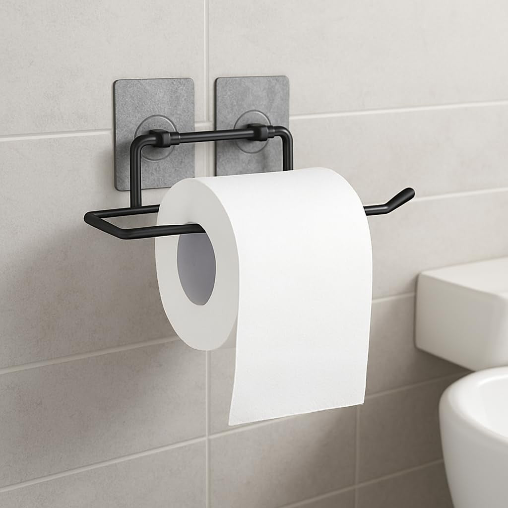 GoHooked black metal self-adhesive toilet paper holder with a roll of white toilet paper attached to a tiled wall.