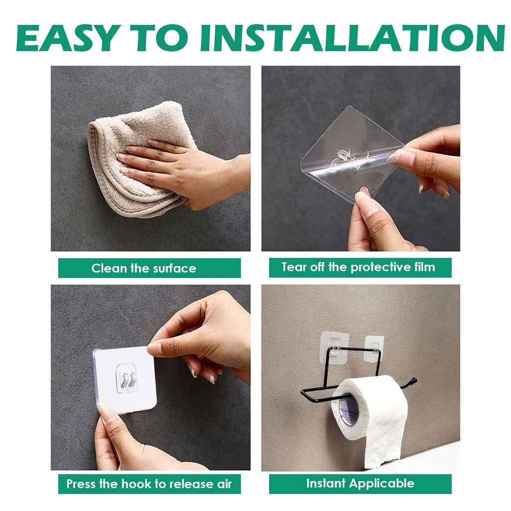 Go Hooked black rustproof metal toilet paper holder with self-adhesive installation for bathroom or kitchen.