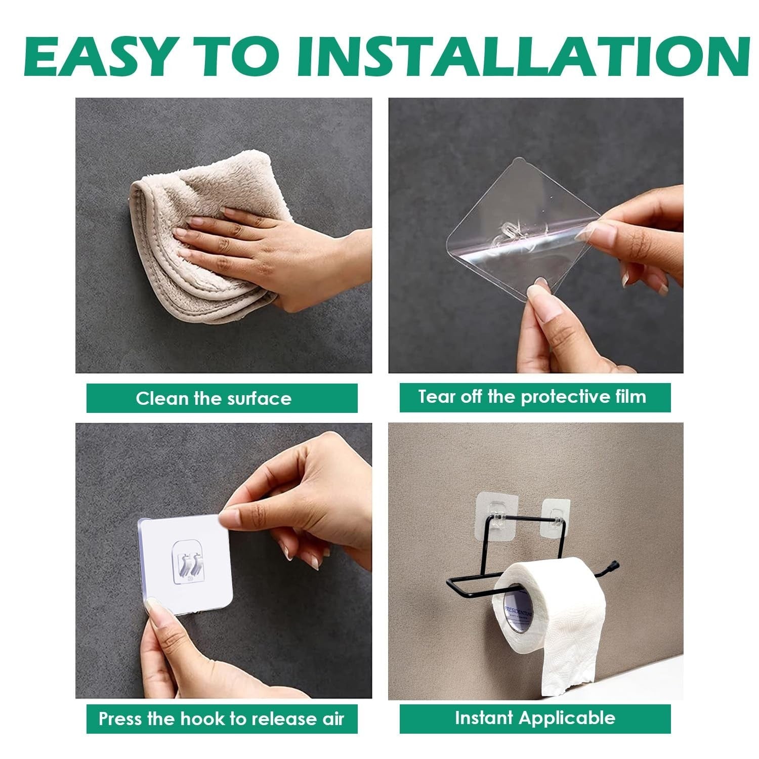 Go Hooked black rustproof metal toilet paper holder with self-adhesive installation for bathroom or kitchen.