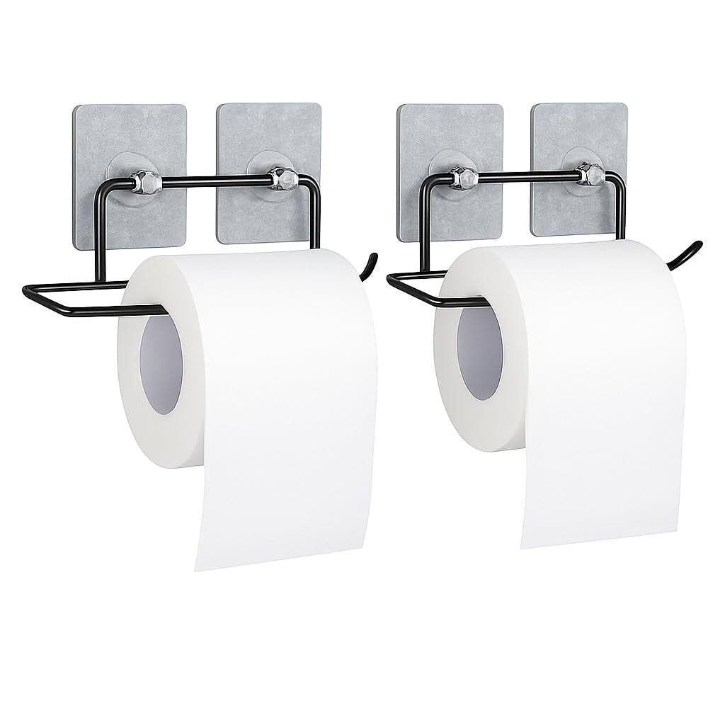 GoHooked black metal self-adhesive toilet paper holder with two rolls of toilet paper. Rustproof design.