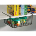 GoHooked black metal under shelf basket organiser holding food containers and boxes on a white shelf.