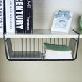 GoHooked black metal undershelf storage basket with open grid design holding a tablet and books.