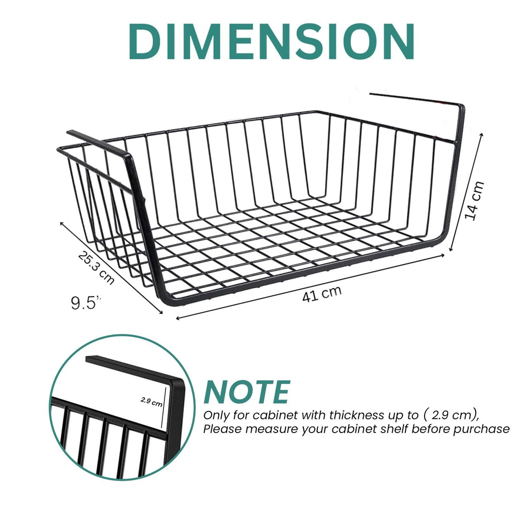 Go Hooked black metal undershelf storage basket with open grid design, 16 inches long.