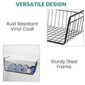 GoHooked black metal undershelf storage basket with rust-resistant vinyl coat and sturdy steel frame, holding bottles and cans.