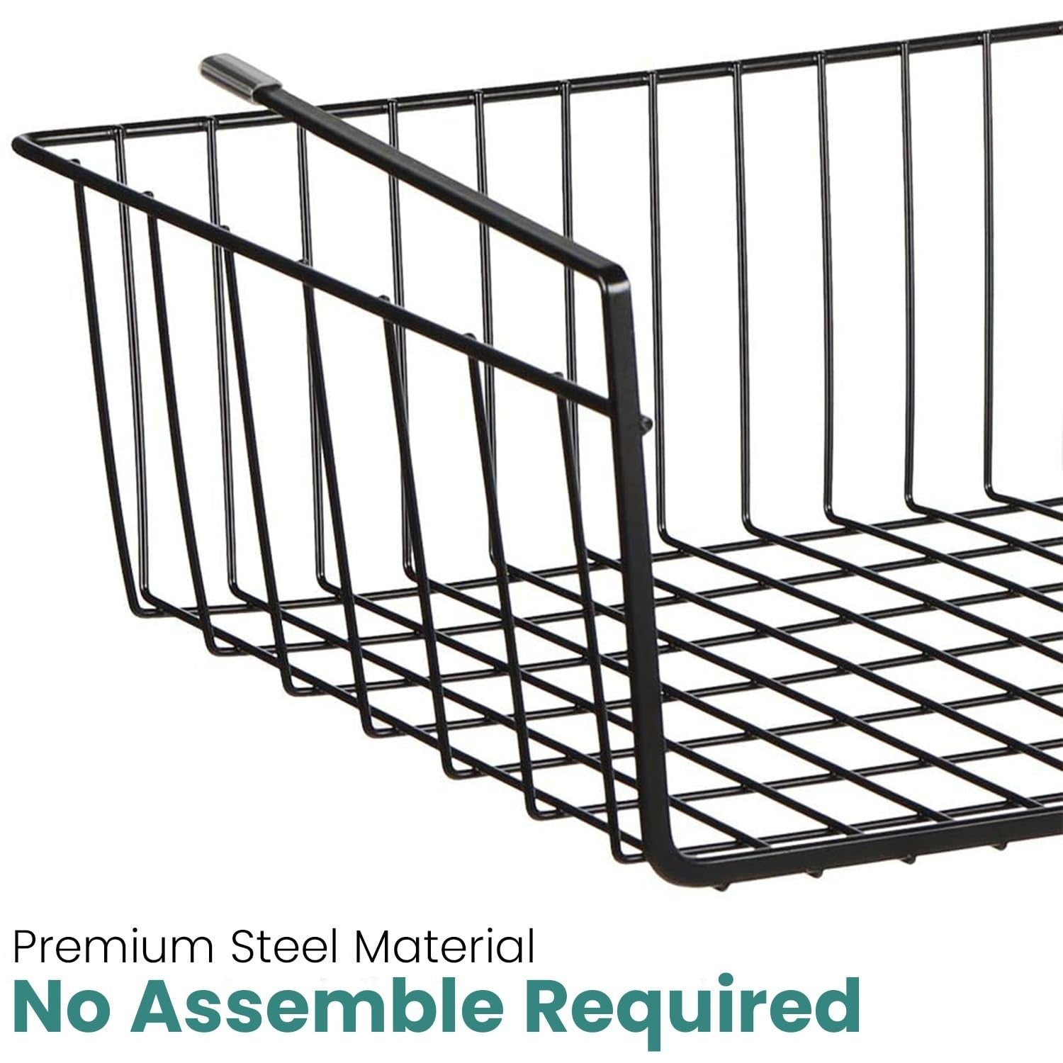 Go Hooked black metal undershelf storage basket with open grid design. Ideal for organizing pantries, closets, and cabinets.