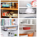 Go Hooked black metal undershelf storage basket with open grid design, perfect for cabinets and pantries.