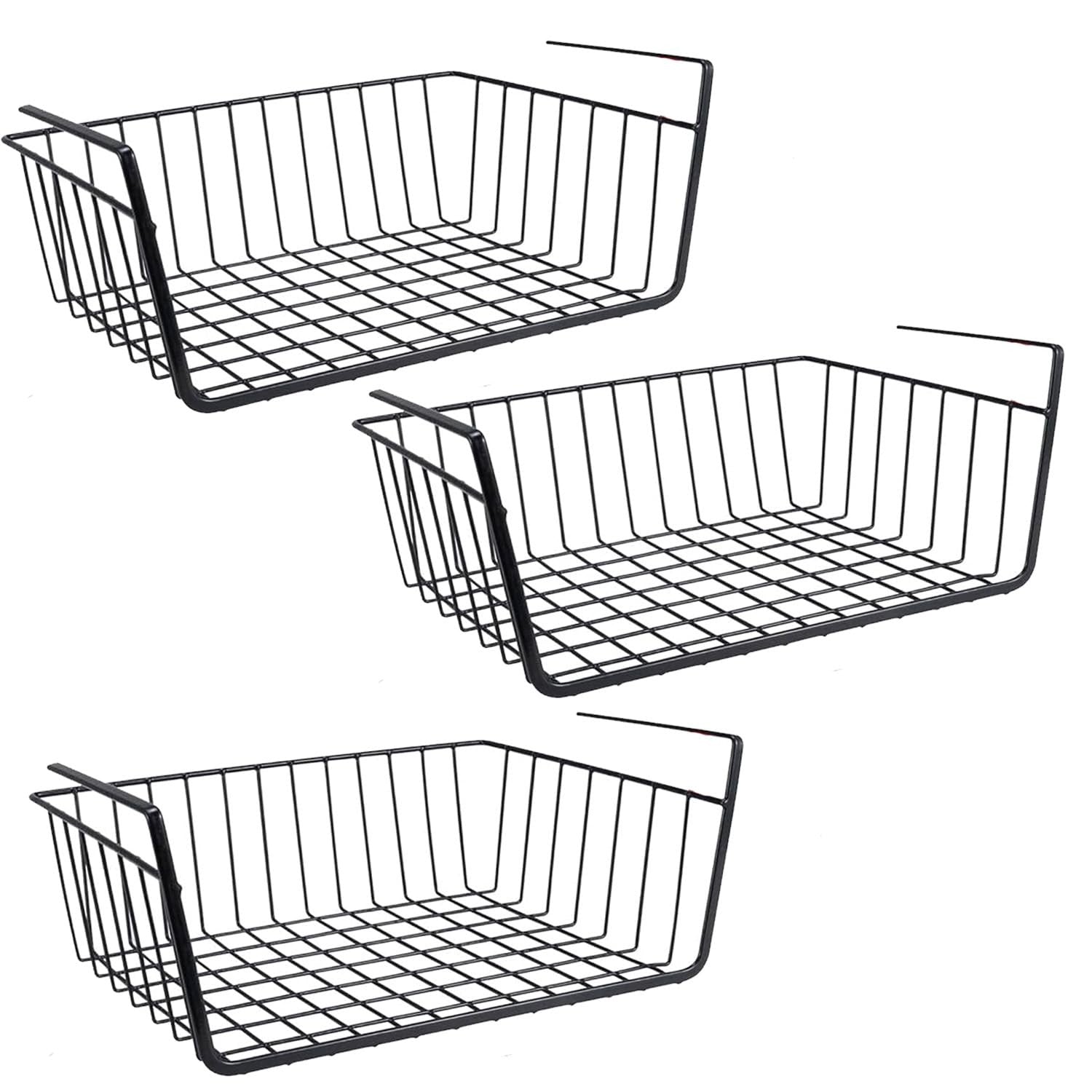 Go Hooked black metal wire undershelf storage basket with open grid design and hanging hooks. Pack of 3.