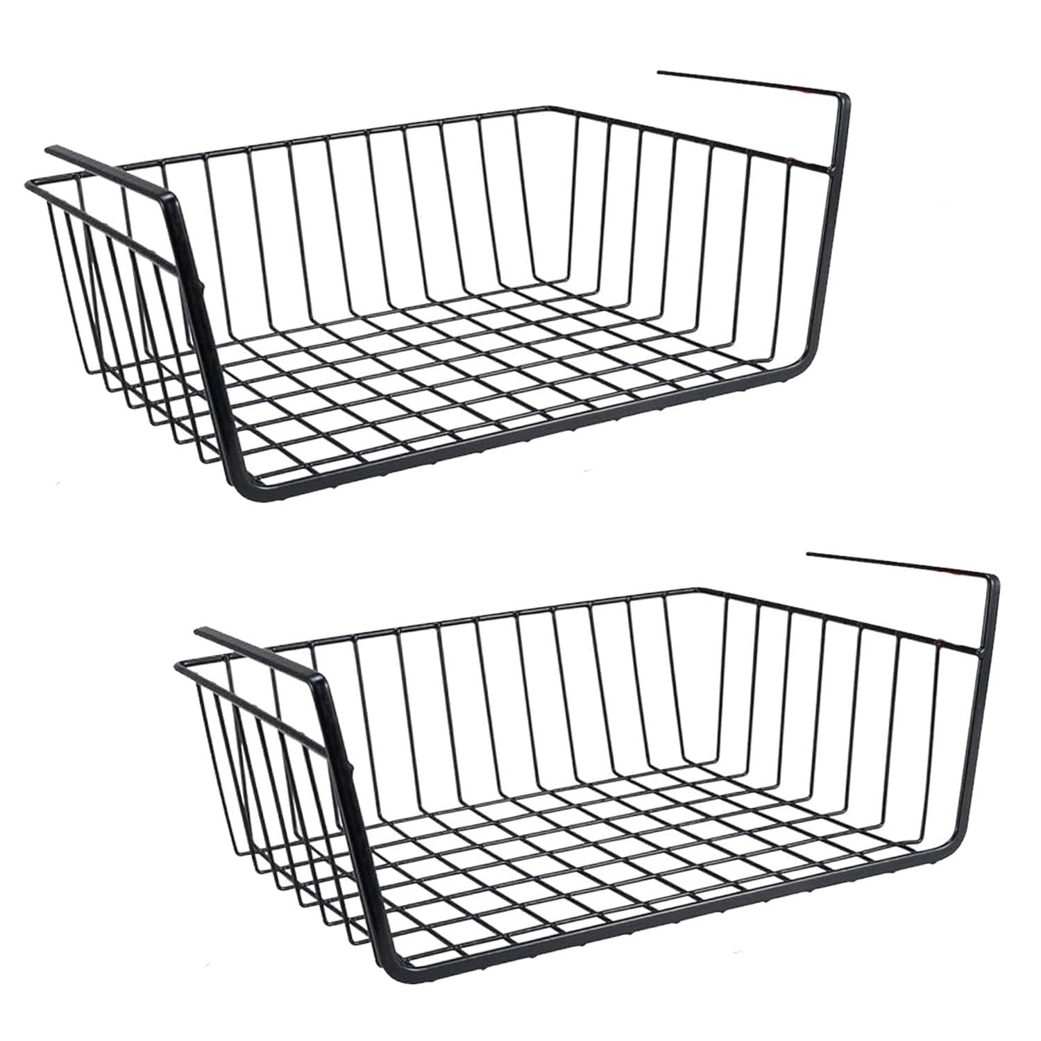 Go Hooked pack of 2 black metal undershelf storage baskets with open grid design for cabinets and pantries.