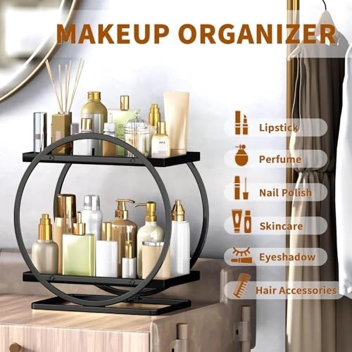 GoHooked black two-tier metal vanity storage organizer with circular sides holding makeup and skincare products.