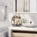 GoHooked black metal 2-tier vanity storage organizer with circular sides holding toiletries and brushes on a bathroom counter.