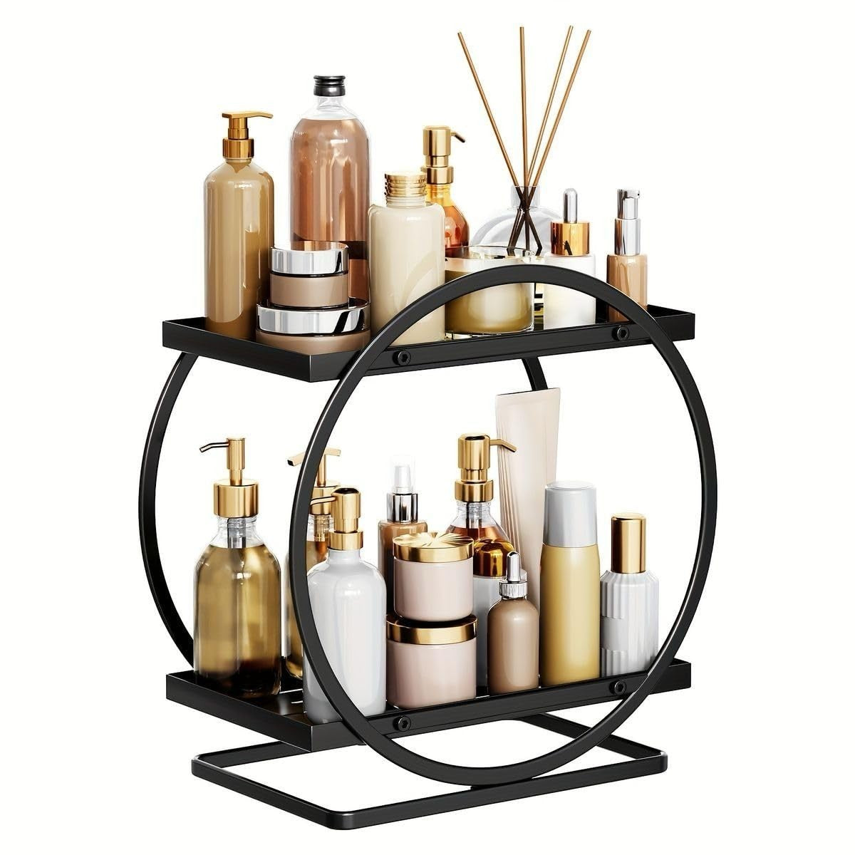 GoHooked black 2-tier metal vanity storage organizer with various toiletries and cosmetics. Features a circular frame and square shelves.