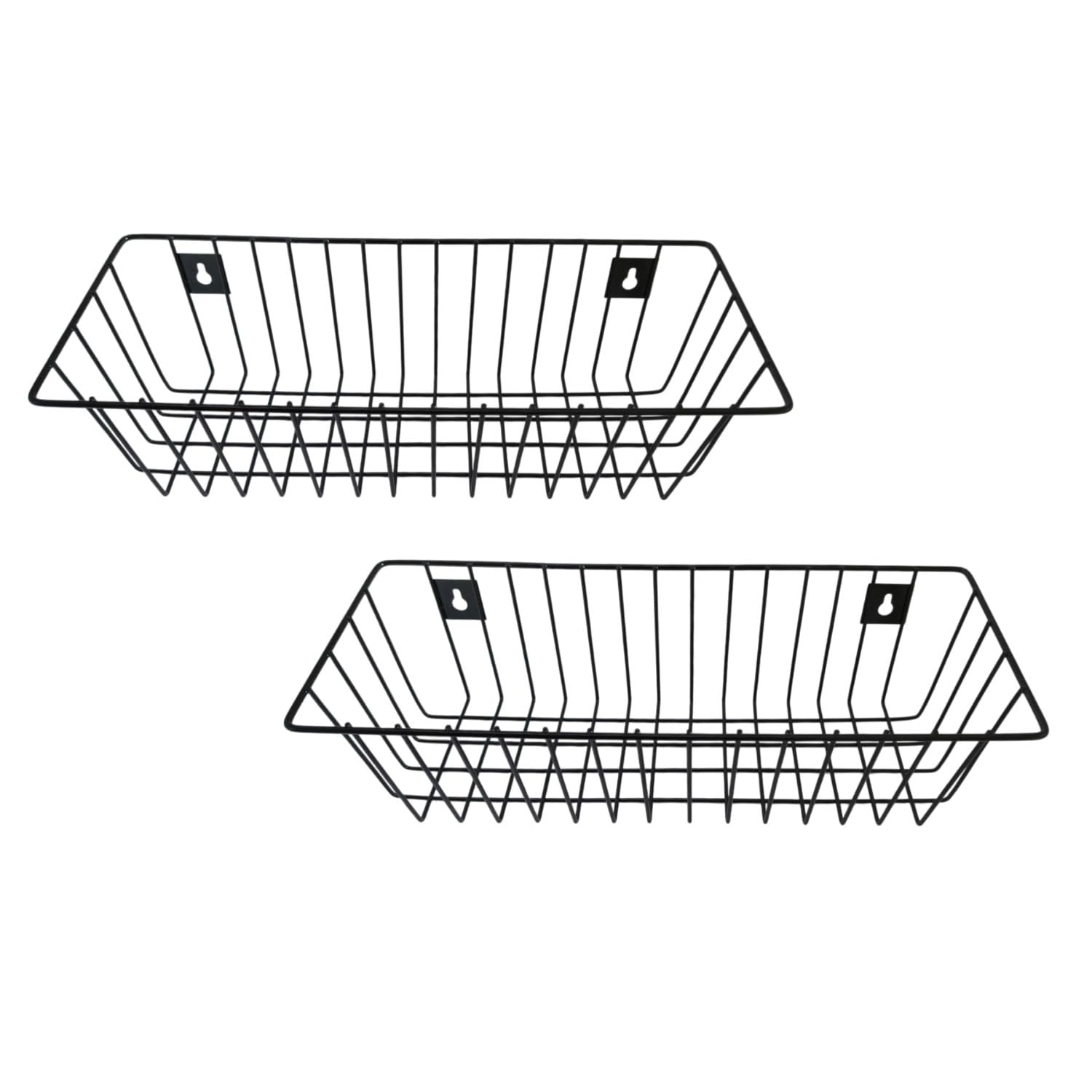 GoHooked pack of 2 black metal wall mount storage baskets with open wire design, ideal for bathrooms, kitchens, or offices.