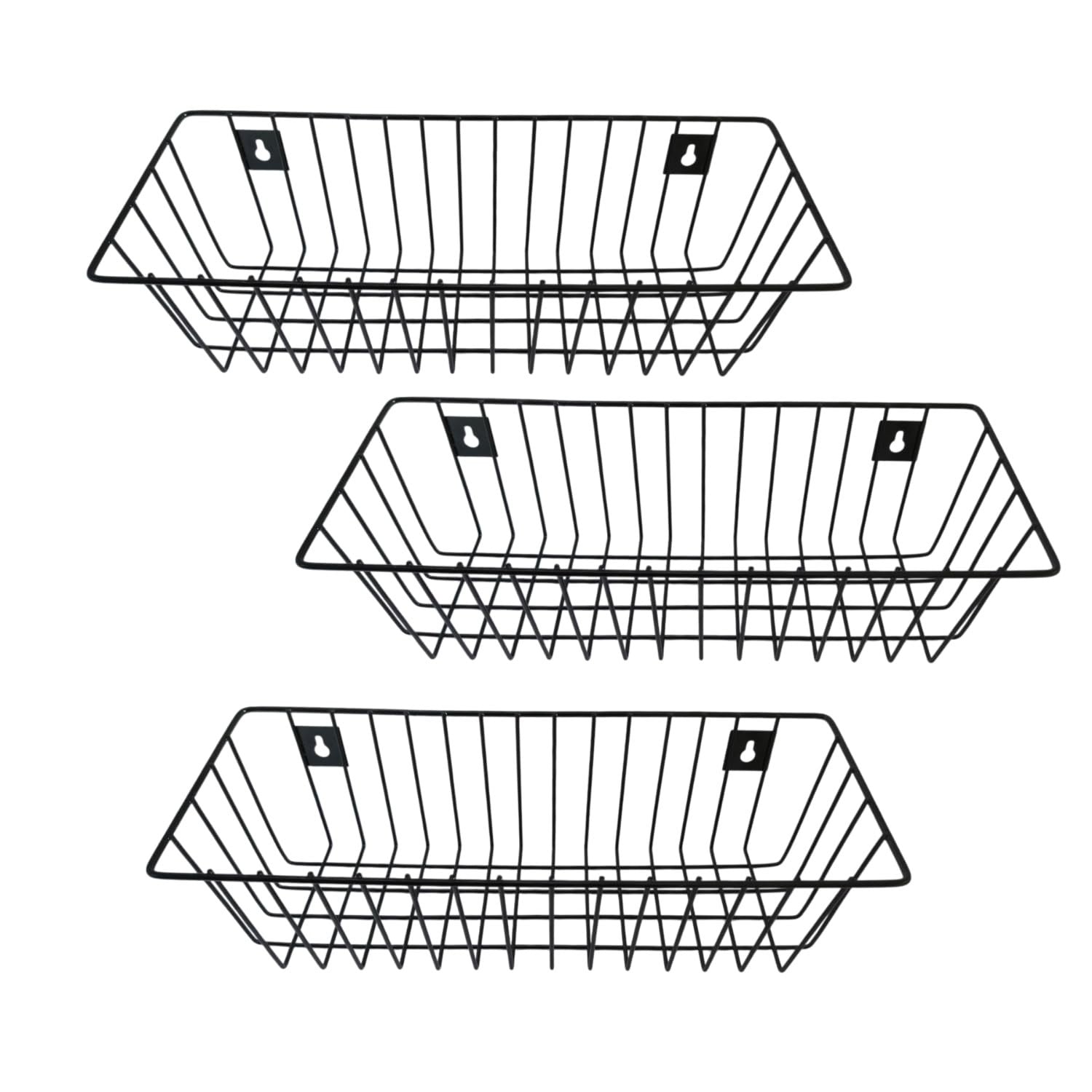 GoHooked pack of 3 black metal wire wall mount storage baskets with open top and hanging slots.