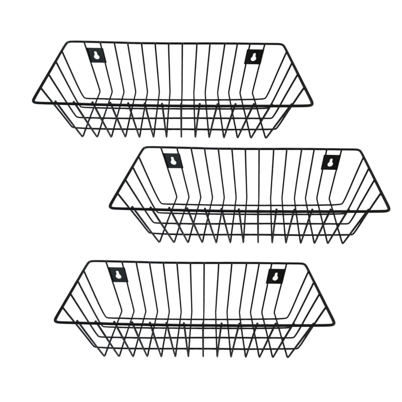 GoHooked pack of 3 black metal wire wall mount storage baskets with open top and hanging slots.