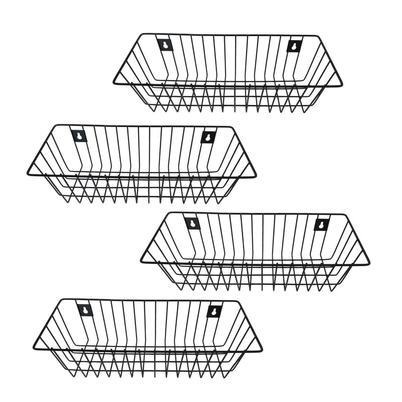 GoHooked pack of 4 black metal wall mount storage baskets with open wire design. Ideal for home, office, bathroom organization.